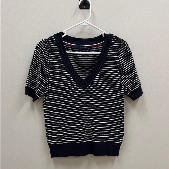 Tommy Hilfiger Sweaters - Tommy Hilfiger Blue and White Striped Short Sleeve V Neck Sweater Sz Small!